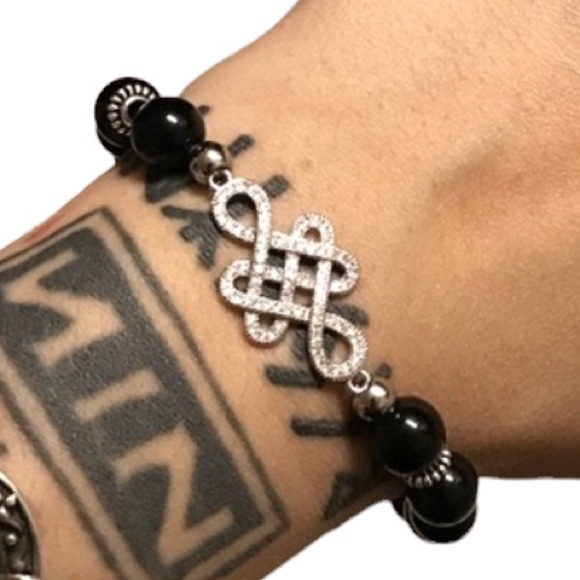 Genuine onyx white gold plated cz cubic zirconia celtic knot charm bracelet - Picture 6 of 10